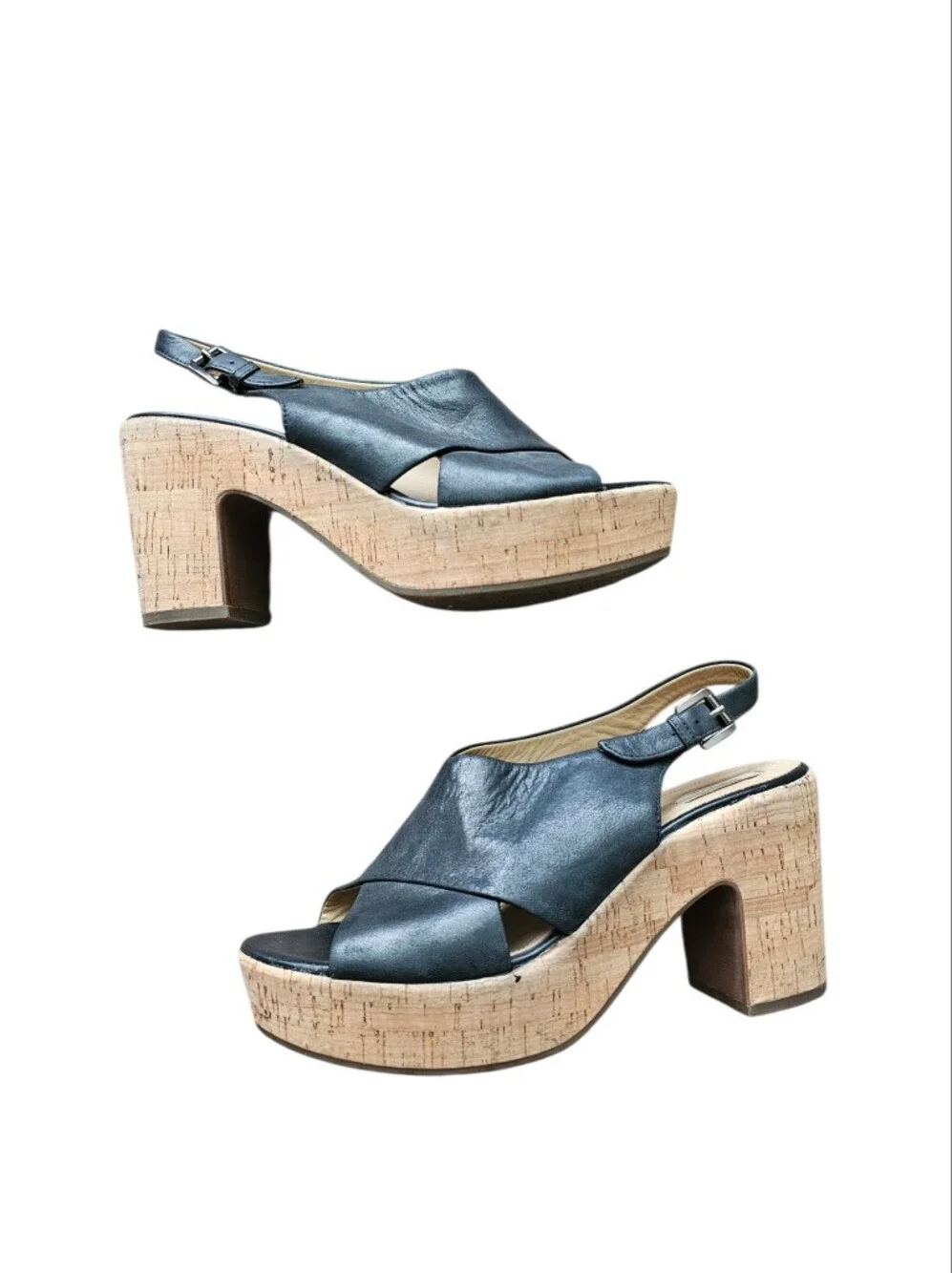GEOX Black Leather Cork Platform Slingback Heels Size 38 EU
